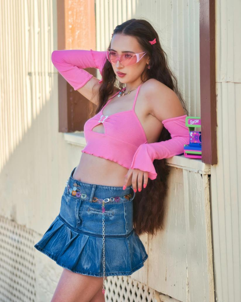 Halter Crop Top and Pleated Denim Mini Skirt with Arm Warmers — Trendy Y2K Style