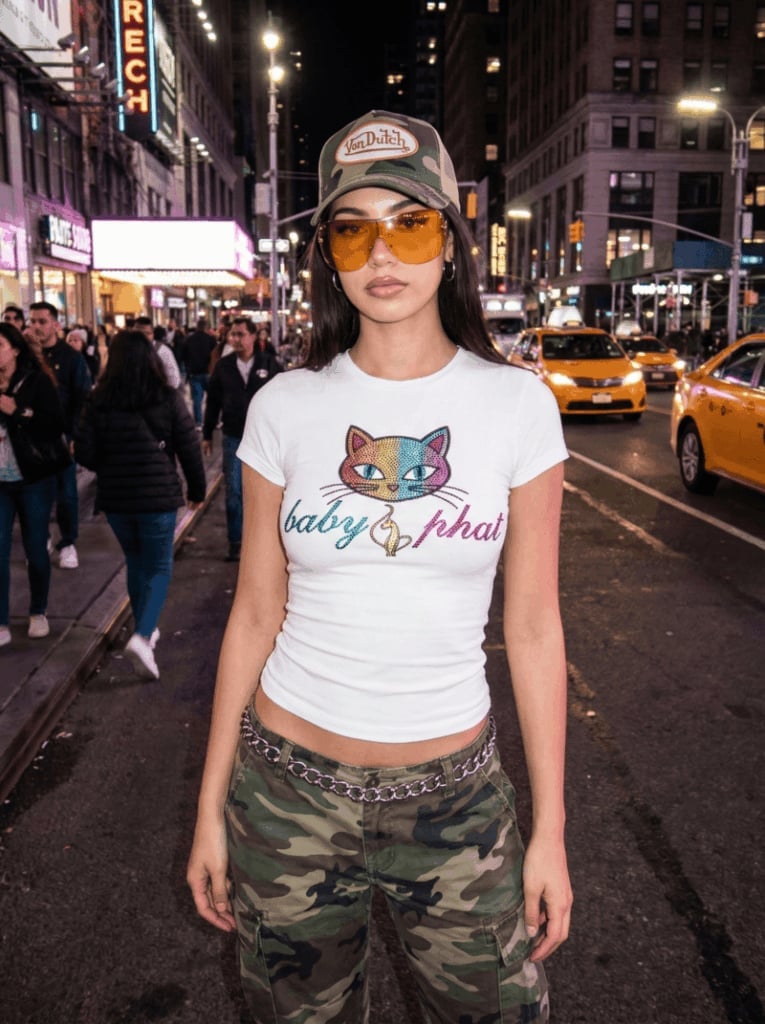 Graphic Baby Tee and Camouflage Cargo Pants with Trucker Hat — Trendy Y2K Style