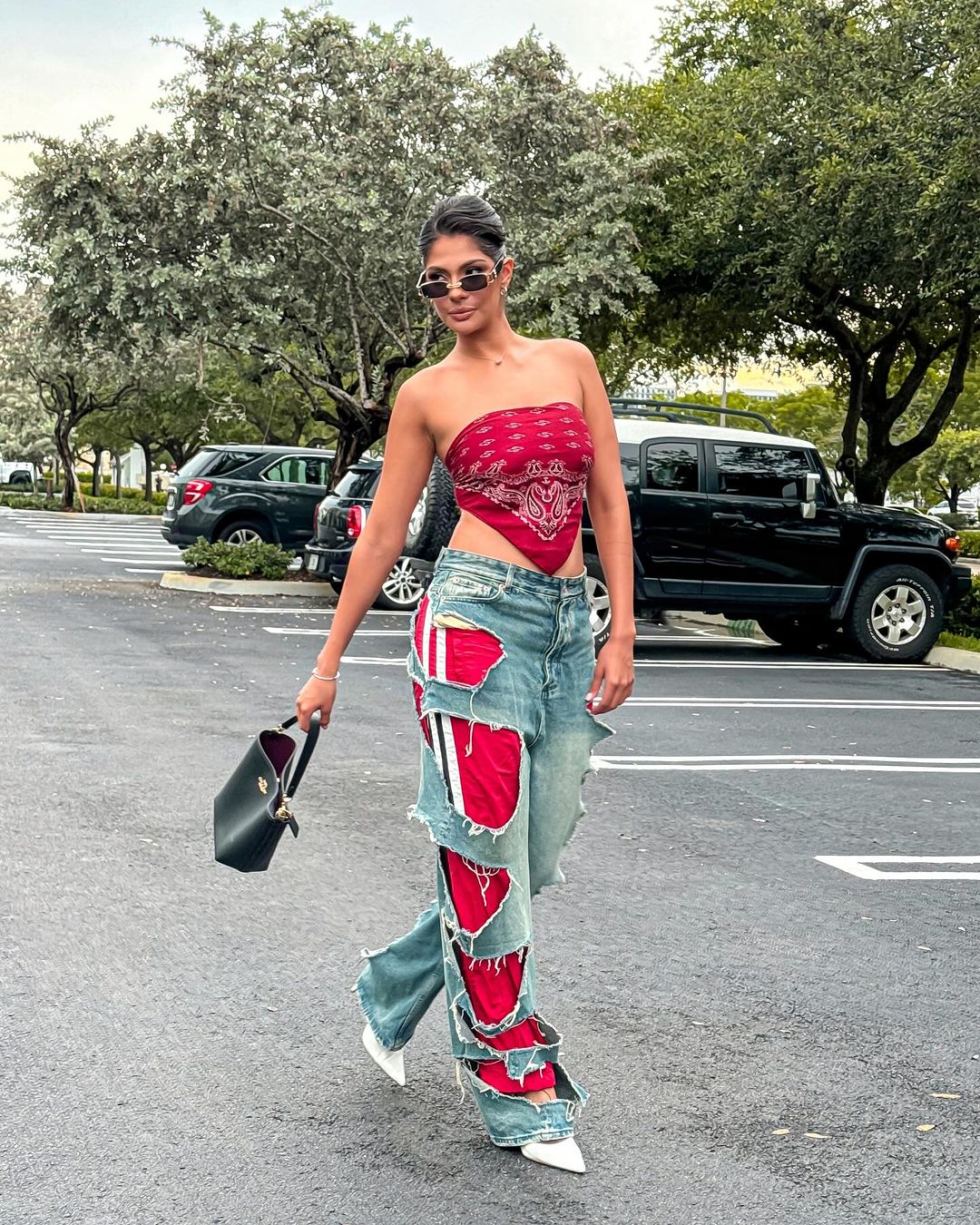 Bandana Top and Heavily Distressed Baggy Jeans with Red Panels — Trendy Y2K Style
