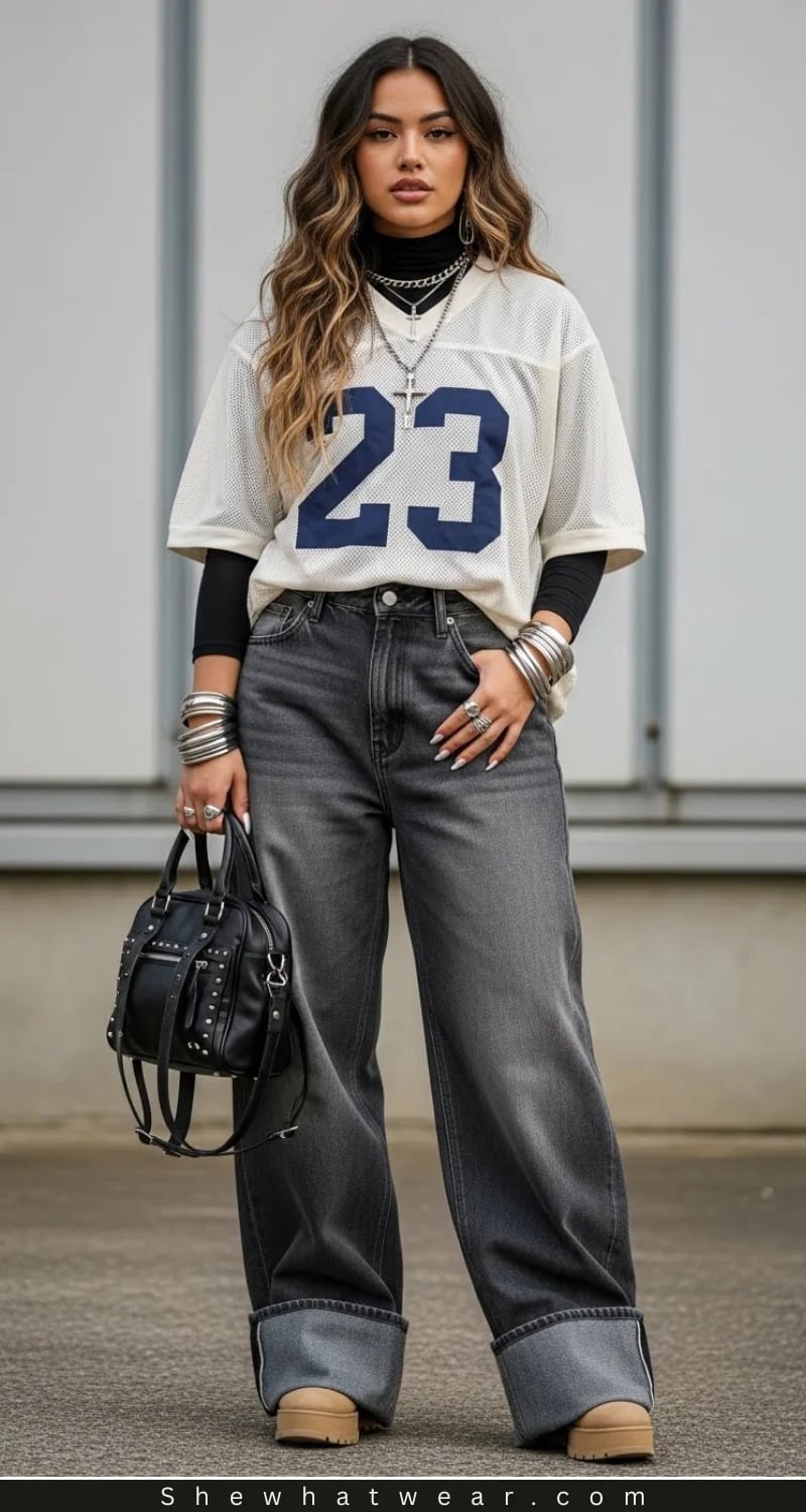 Mesh Sports Jersey and Baggy Grey Jeans with Chunky Sneakers — Trendy Y2K Style