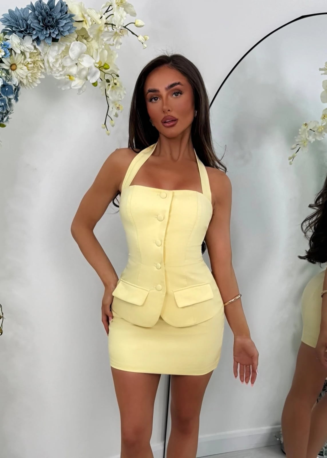 Pale Yellow Halter Neck Vest and Mini Skirt Pale Yellow Halter Neck Vest and Mini Skirt — Trendy Yellow Top Outfits