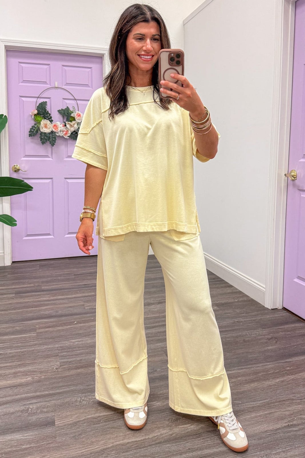 Washed Butter Yellow Knit Top and Pants Set Washed Butter Yellow Knit Top and Pants Set — Trendy Yellow Top Outfits