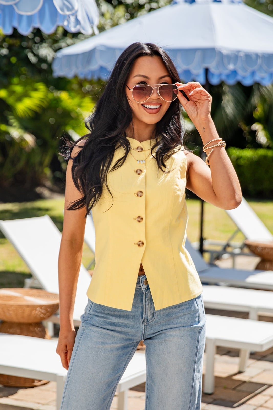 Yellow Fitted Button-Up Vest Top Yellow Fitted Button-Up Vest Top — Trendy Yellow Top Outfits