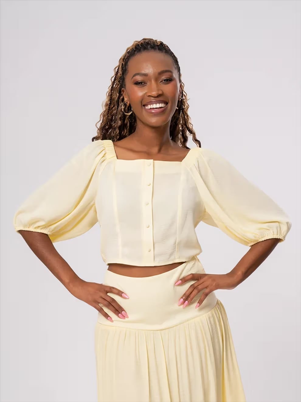 Butter Yellow Button-Front Top With Puffy Sleeves Butter Yellow Button-Front Top With Puffy Sleeves — Trendy Yellow Top Outfits