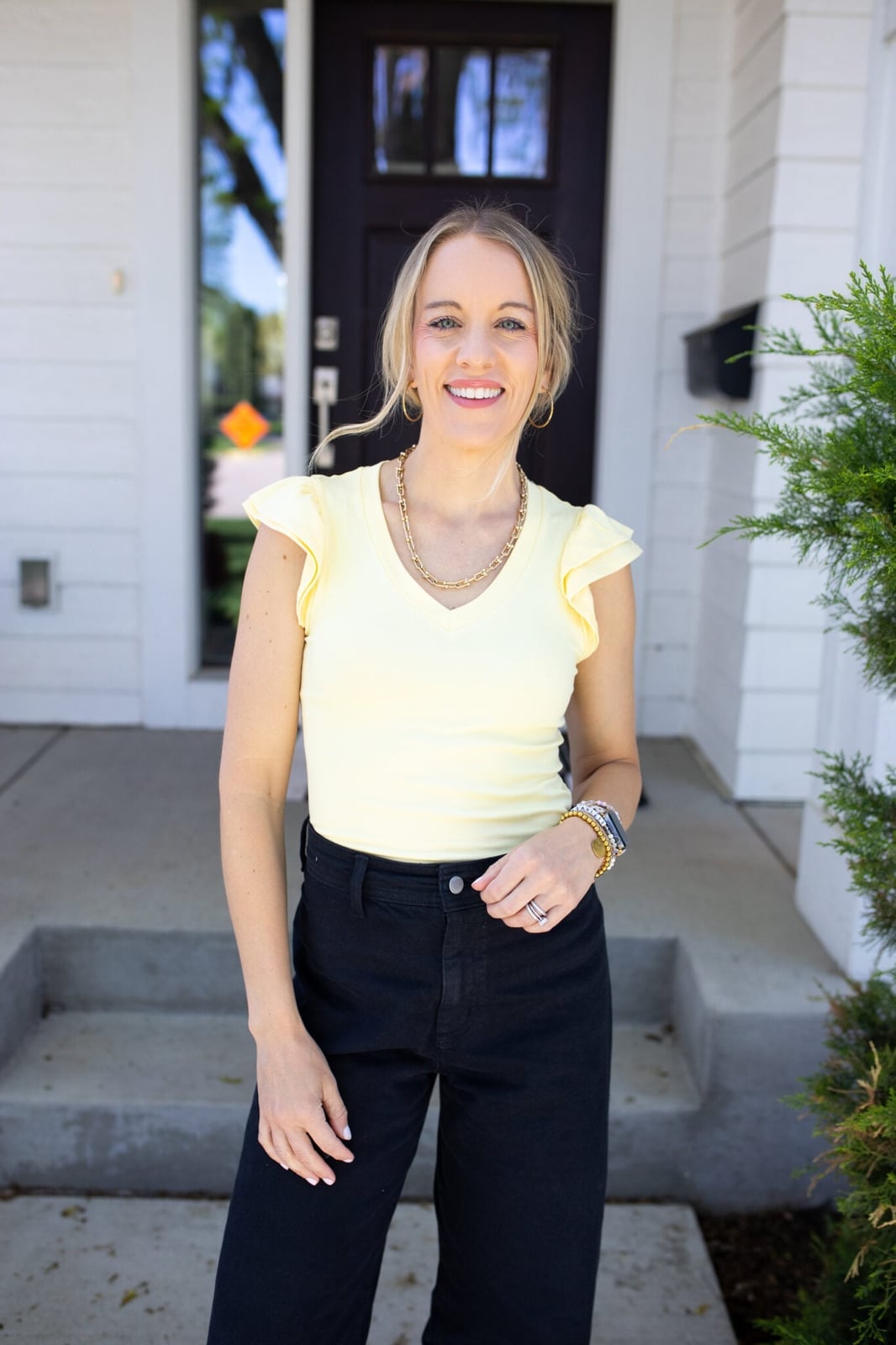 Pale Yellow Ribbed Knit Top With Ruffled Sleeves Pale Yellow Ribbed Knit Top With Ruffled Sleeves — Trendy Yellow Top Outfits