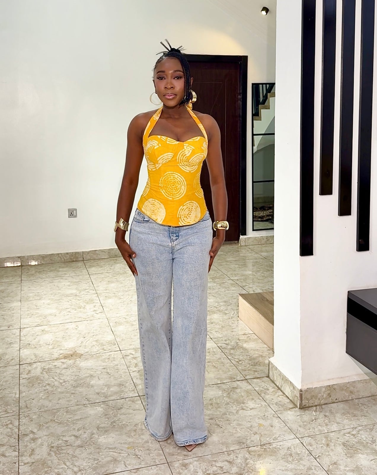 Yellow Halter Neck Top With Circular Print Yellow Halter Neck Top With Circular Print — Trendy Yellow Top Outfits