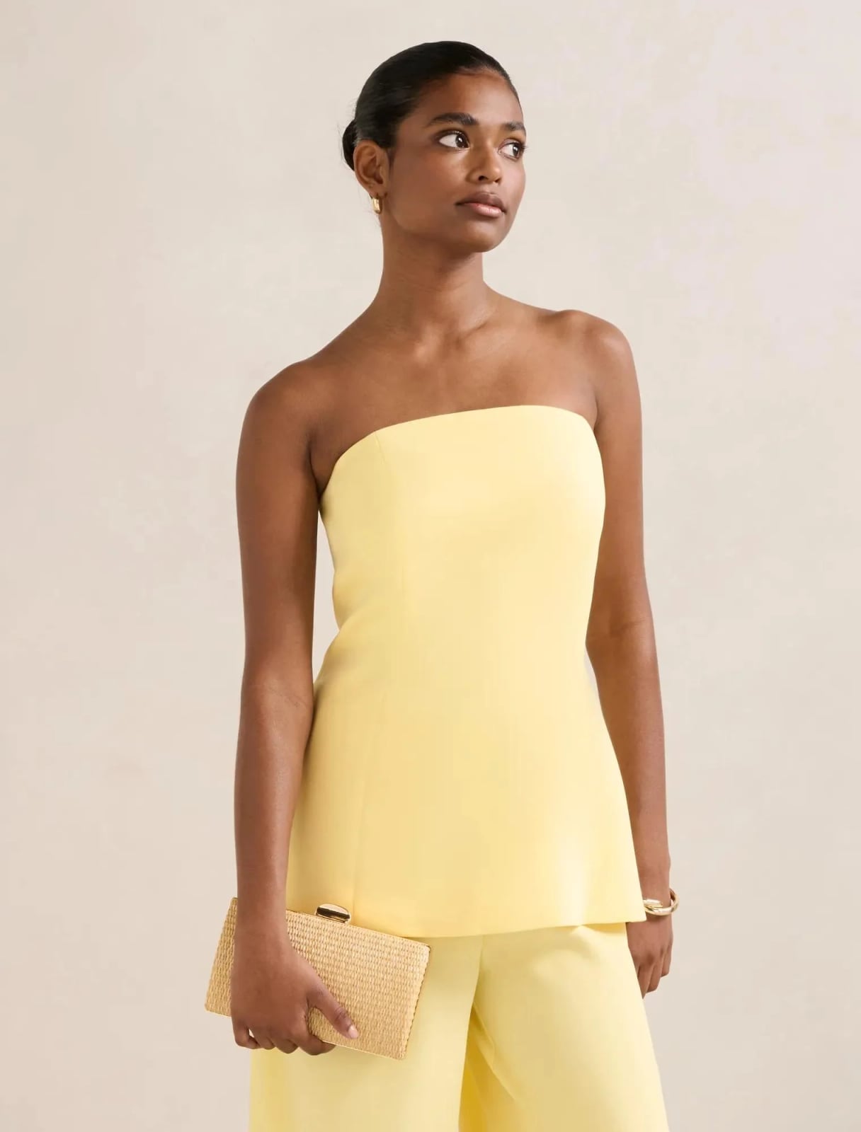 Pale Yellow Strapless Top and Trousers Pale Yellow Strapless Top and Trousers — Trendy Yellow Top Outfits