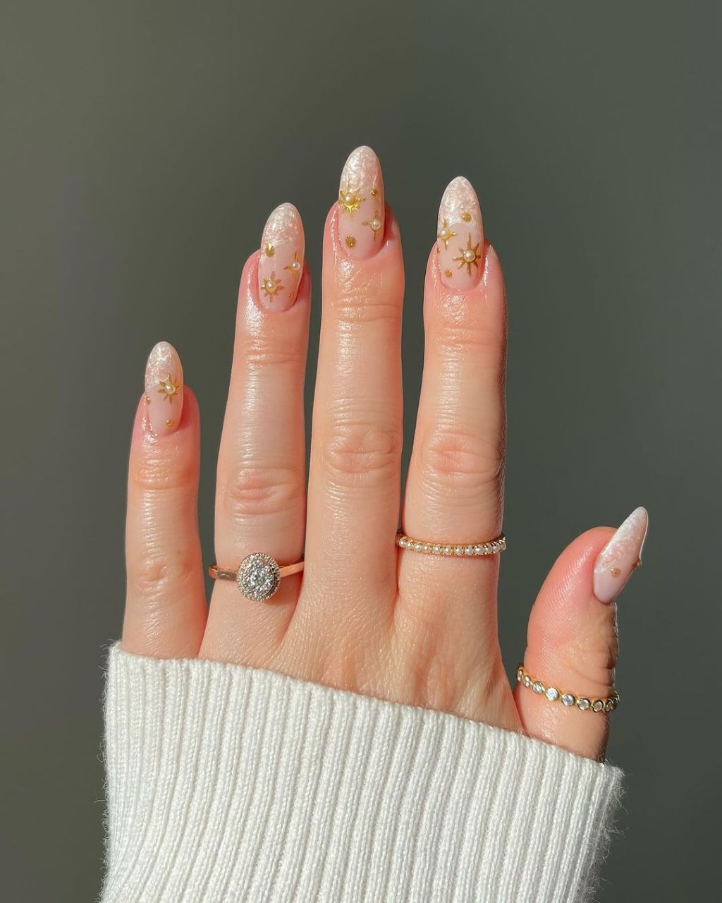 Sheer Pink Gold Star Circle Almond Nails — Unique Engagement Nails