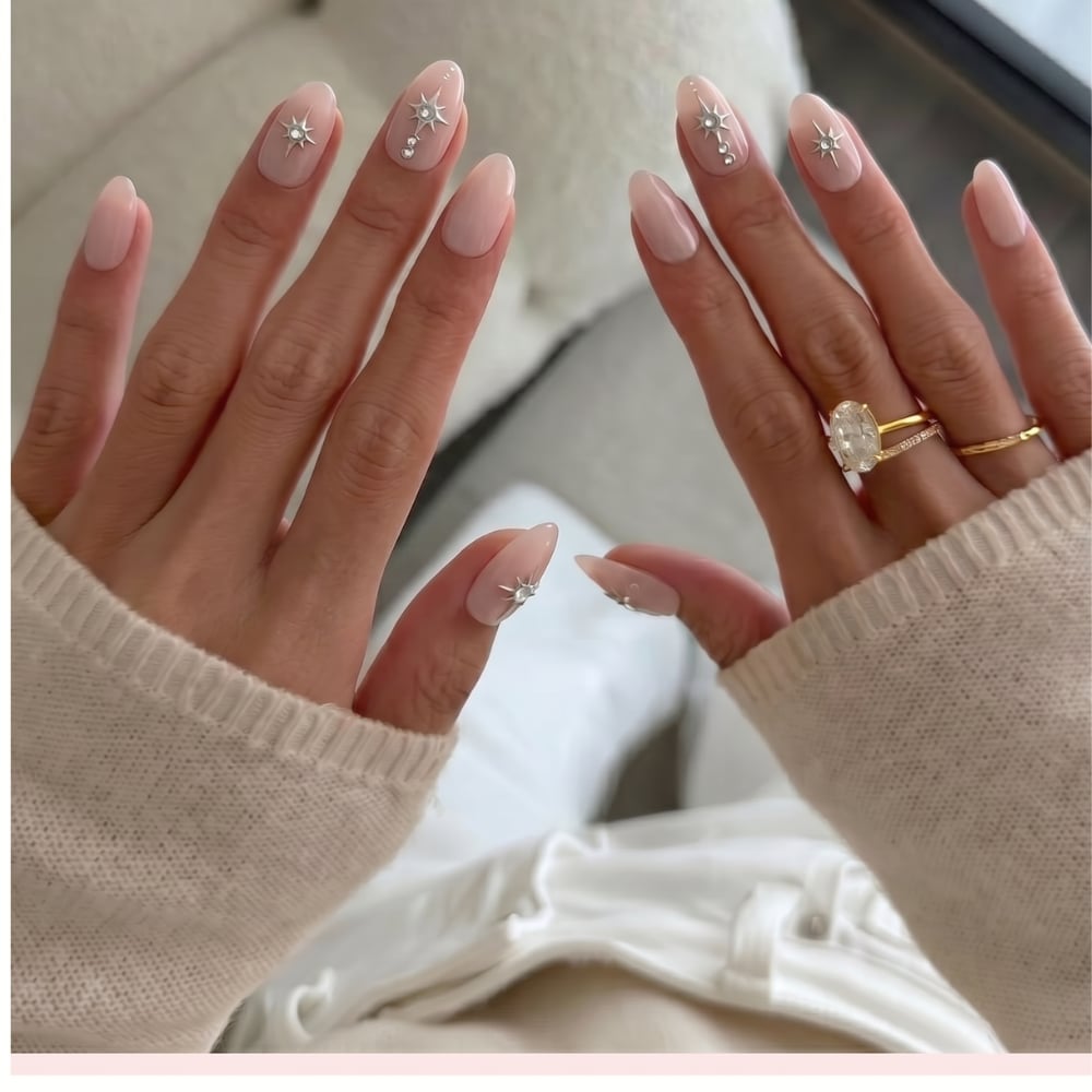 Sheer Milky Pink Star Stud Medium Almond Nails — Unique Engagement Nails