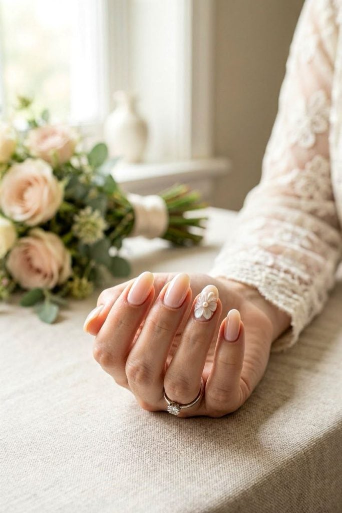 Short Almond Milky Pink 3D Flower Accent Nails — Unique Engagement Nails