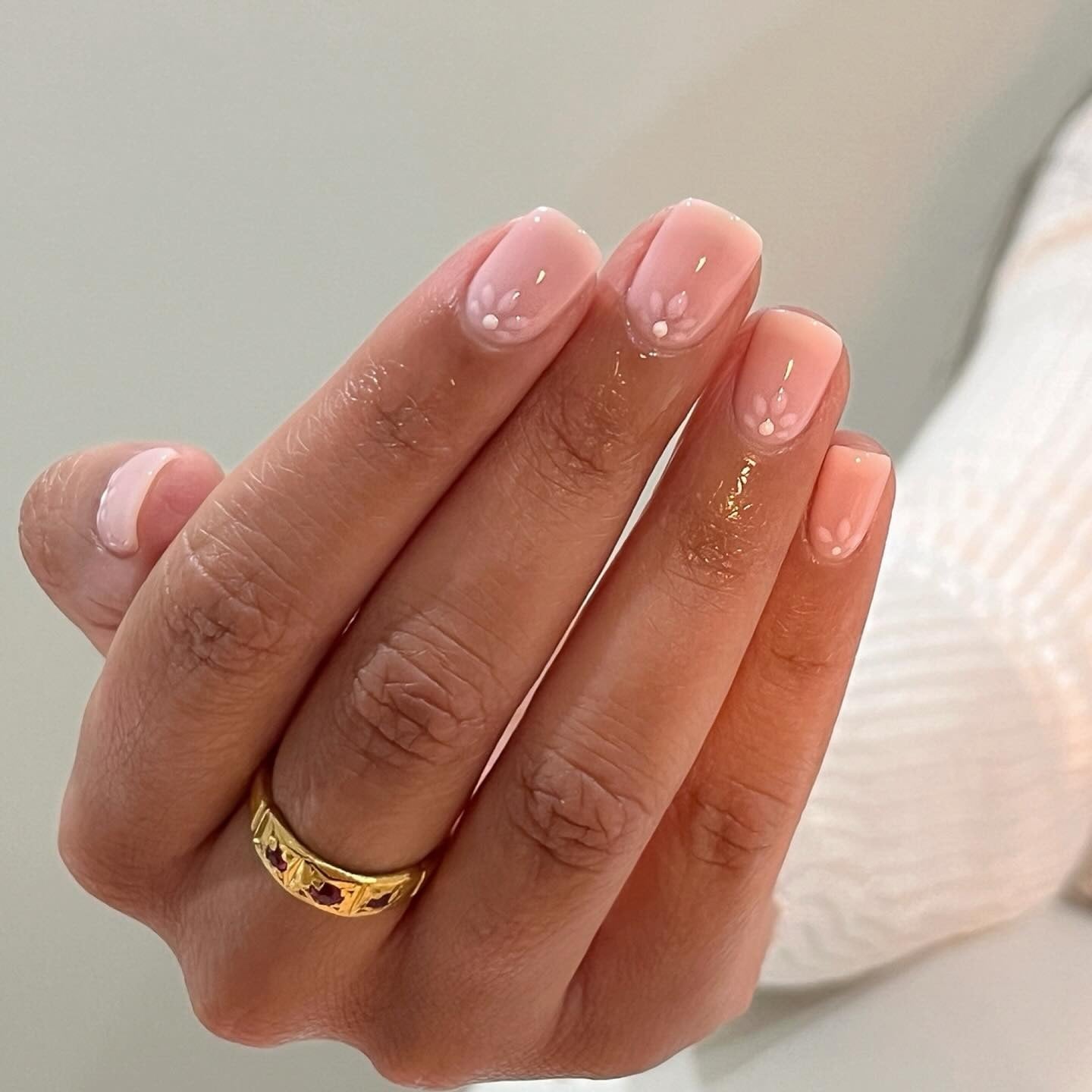Short Square Sheer Pink White Flower Accent Nails — Unique Engagement Nails