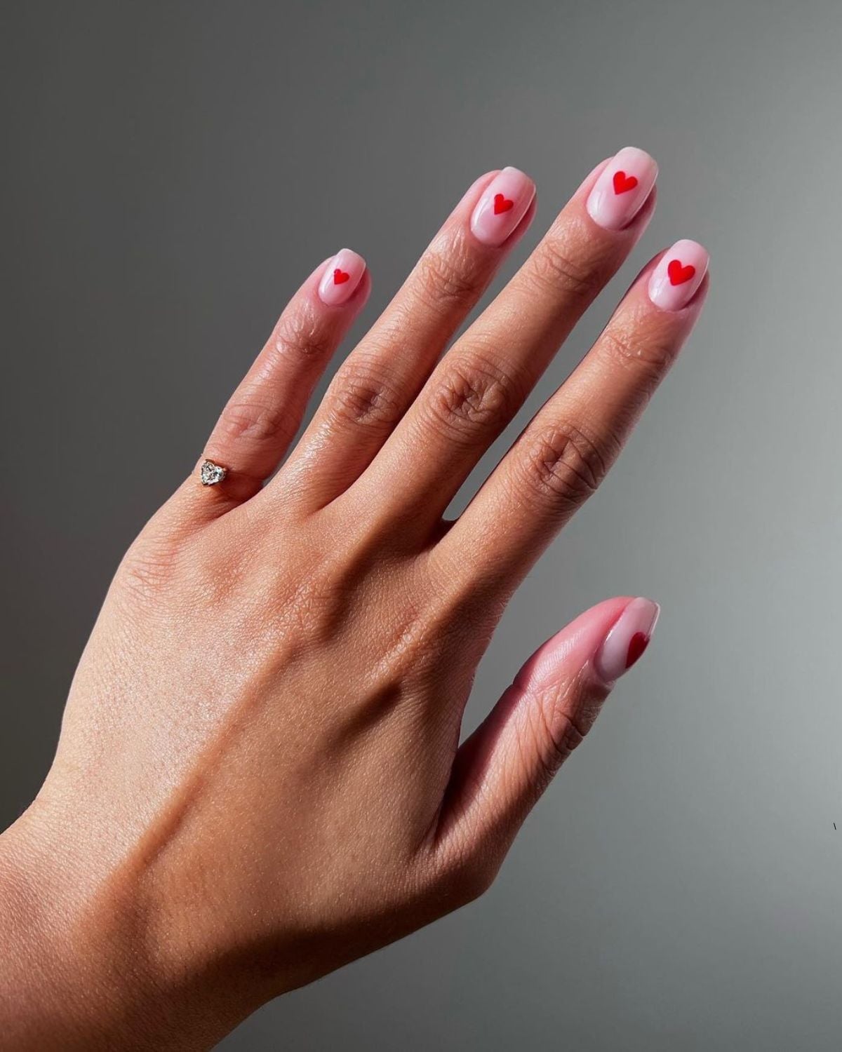 Short Oval Sheer Pink Red Heart Motif Nails — Unique Engagement Nails