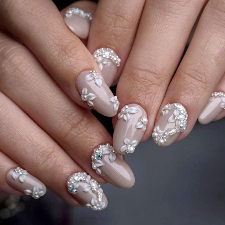 Beige Nude 3D Floral Pearl Oval Nails — Unique Engagement Nails