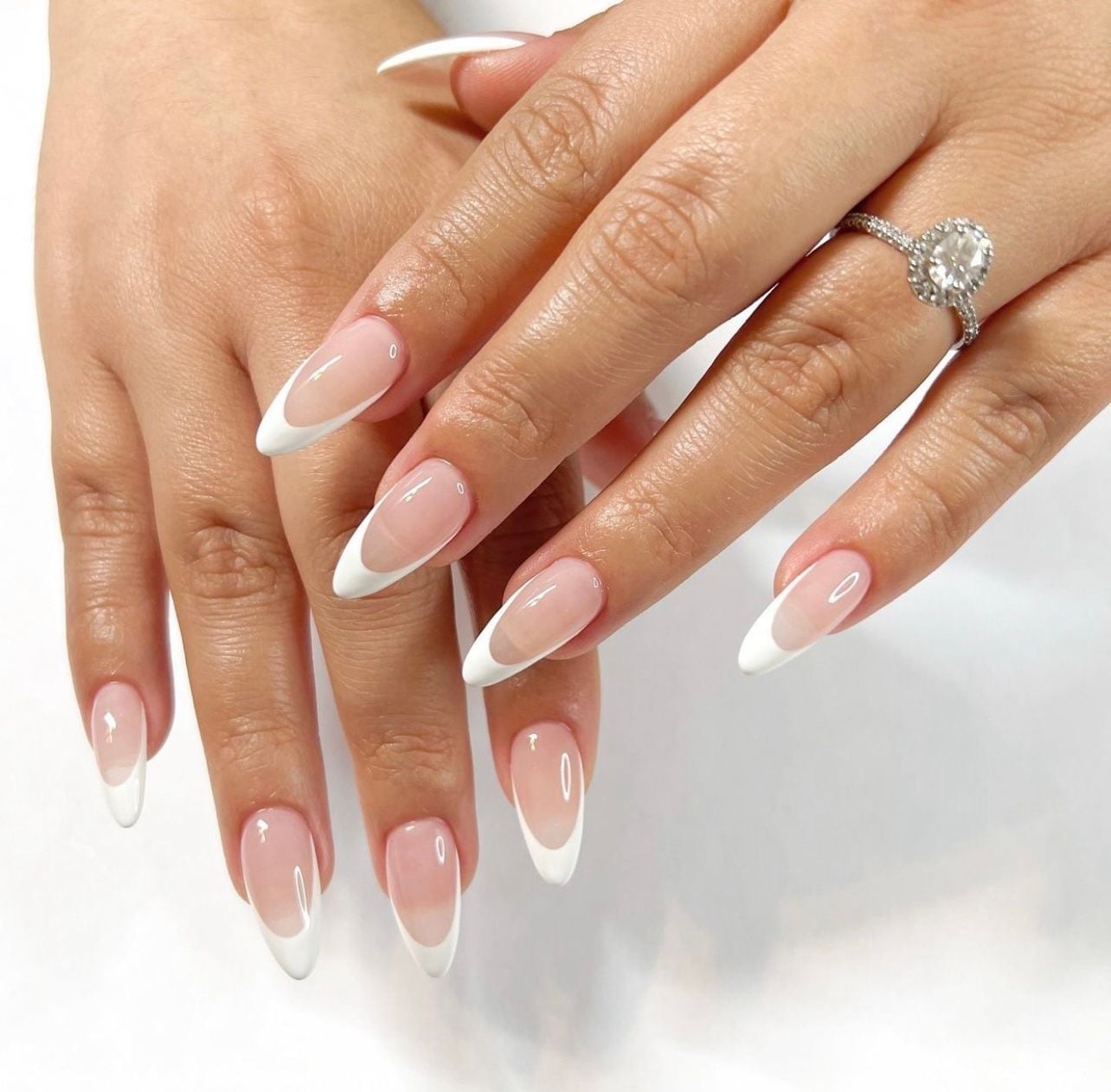 Sheer Pink White French Almond Nails — Unique Engagement Nails