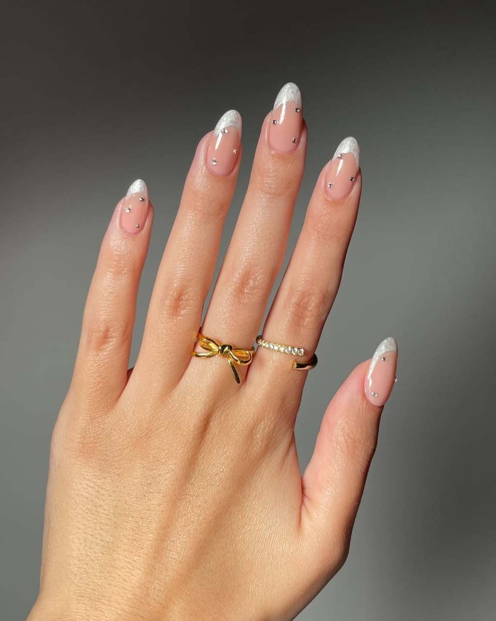 Sheer Pink Silver Glitter Tip Rhinestone Almond Nails — Unique Engagement Nails
