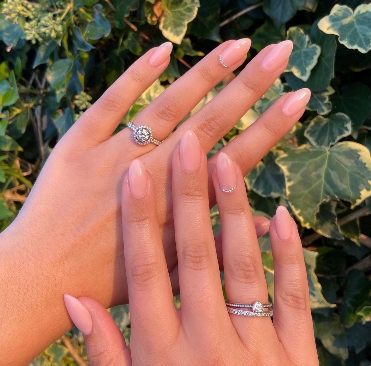 Sheer Pink Silver Half Moon French Accent Almond Nails — Unique Engagement Nails