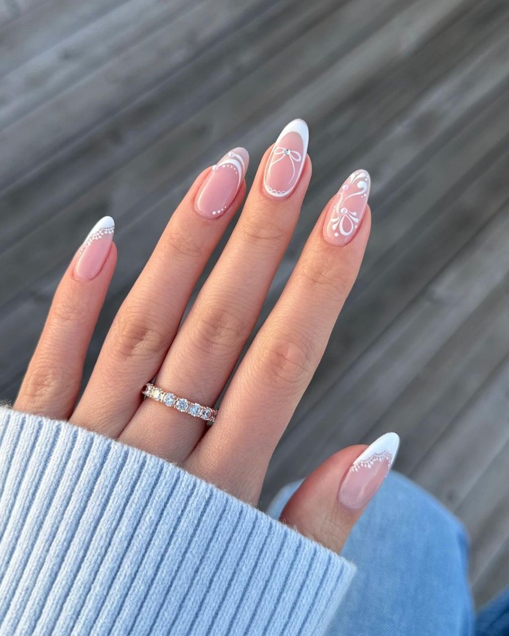 Sheer Pink White Line Art Almond Nails — Unique Engagement Nails