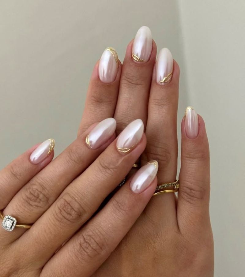 Pearlescent White Gold Cuticle Line Almond Nails — Unique Engagement Nails
