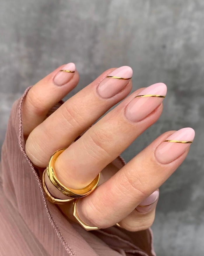 Nude French Gold Foil Line Almond Nails — Unique Engagement Nails