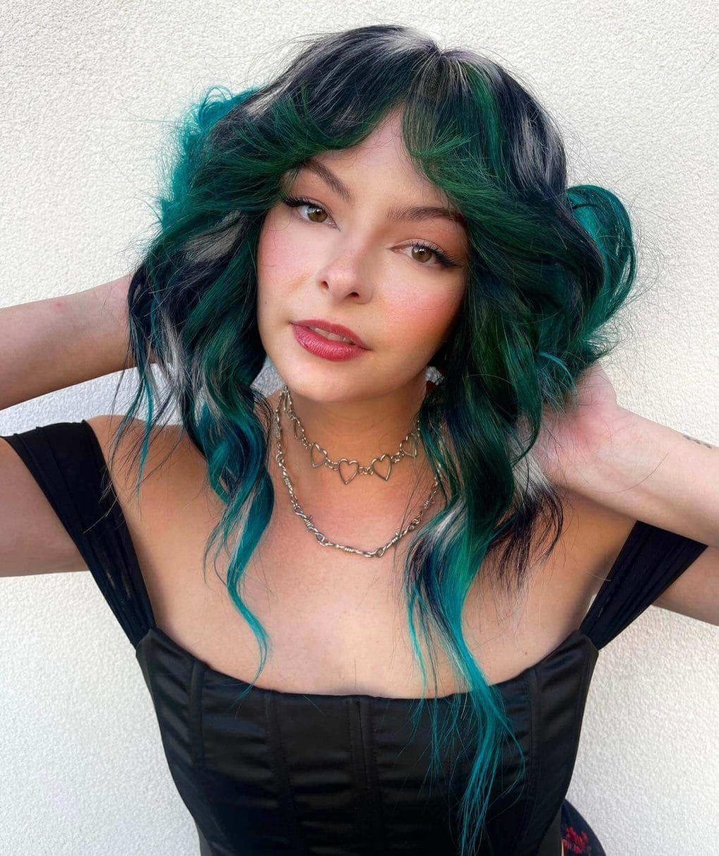 Collarbone Shag With Black and Teal — Vivid Hair Color Inspiration