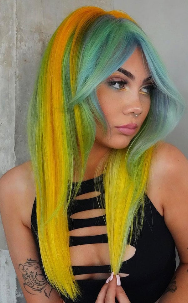 Mid-Back Straight Yellow, Green, Blue Blend — Vivid Hair Color Inspiration