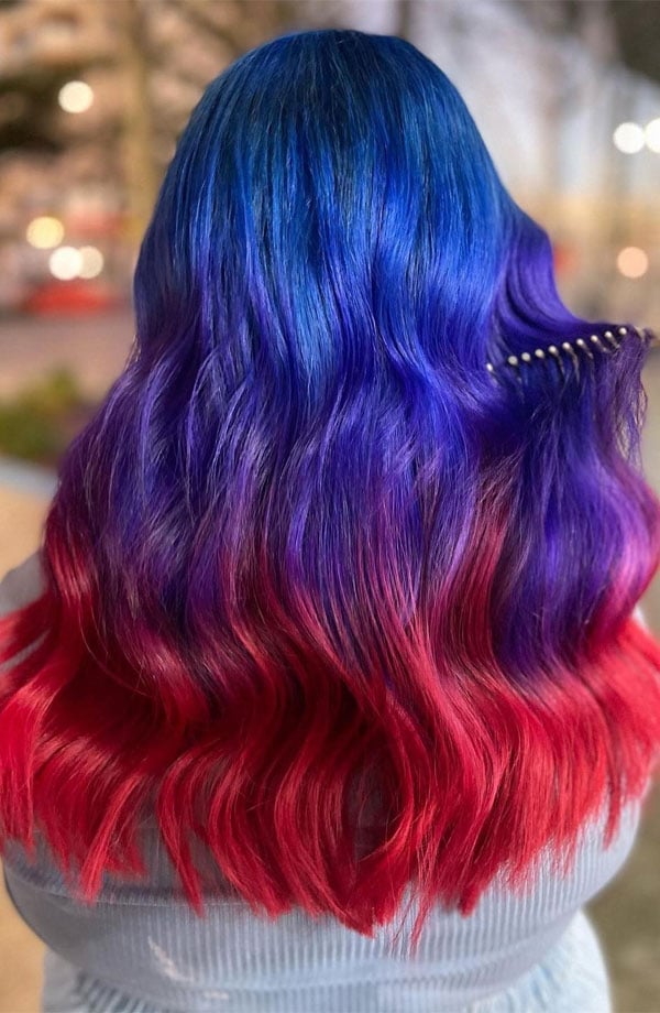 Mid-Back Blue to Red Ombré — Vivid Hair Color Inspiration