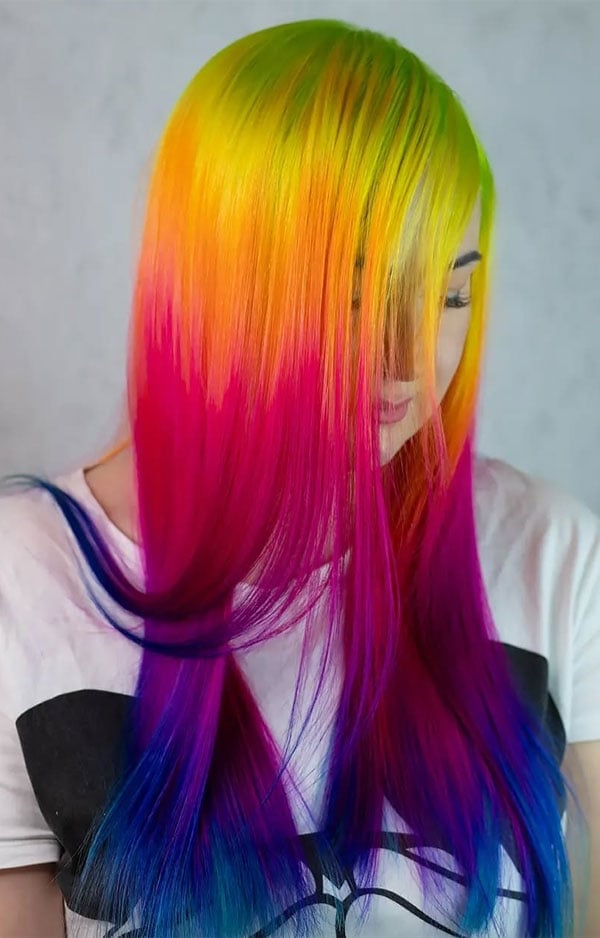 Mid-Back Straight Yellow to Blue Rainbow With Blunt Bangs — Vivid Hair Color Inspiration