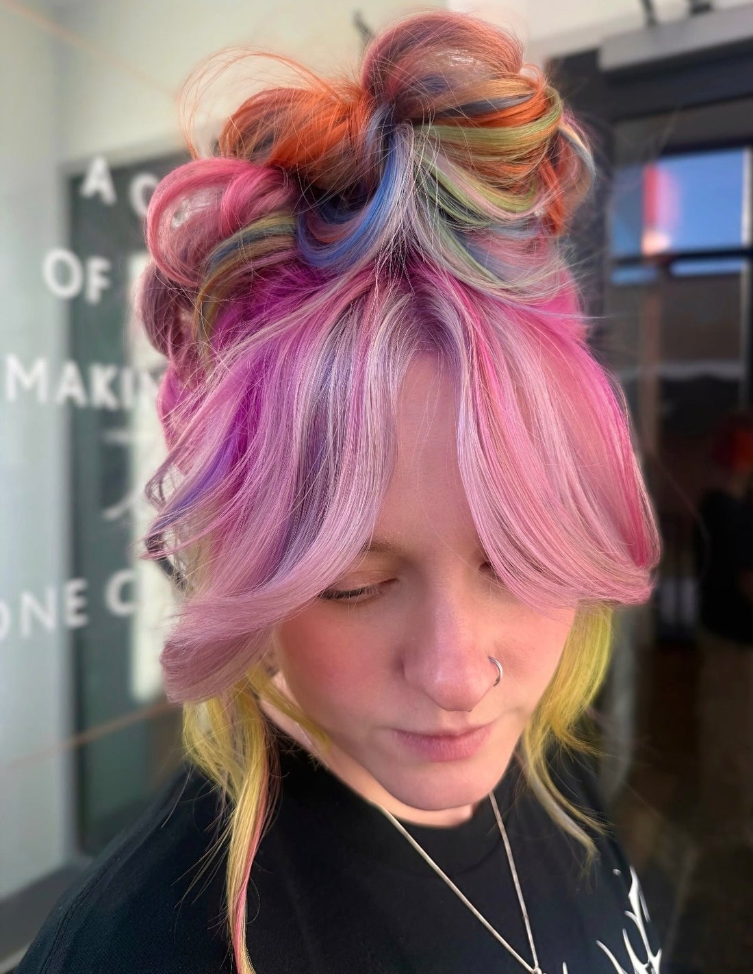 Long Voluminous Updo With Multi-Color Strands — Vivid Hair Color Inspiration