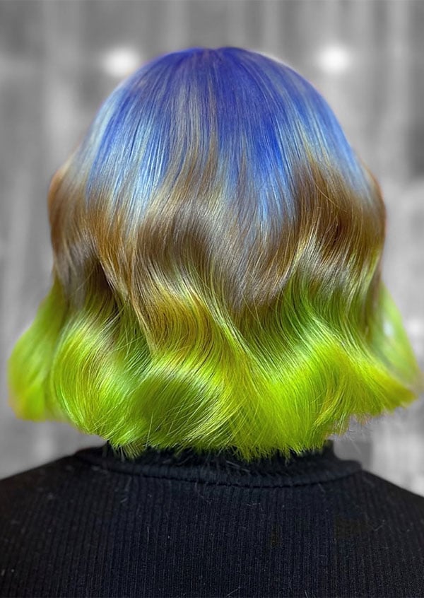 Chin Length Bob Blue to Yellow Gradient — Vivid Hair Color Inspiration