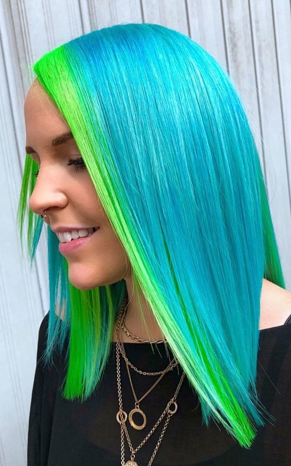 Shoulder Length Neon Aqua and Green Split Dye — Vivid Hair Color Inspiration