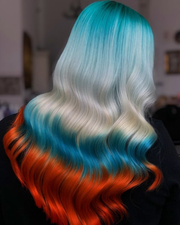 Mid-Back Icy Blue to Orange Ombré — Vivid Hair Color Inspiration