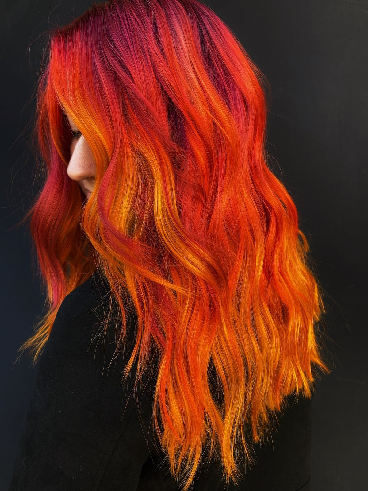 Mid-Back Fiery Orange and Red Gradient — Vivid Hair Color Inspiration