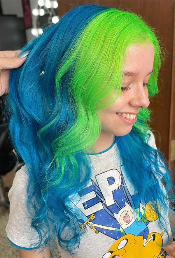Mid-Back Split Dye Neon Green and Blue — Vivid Hair Color Inspiration