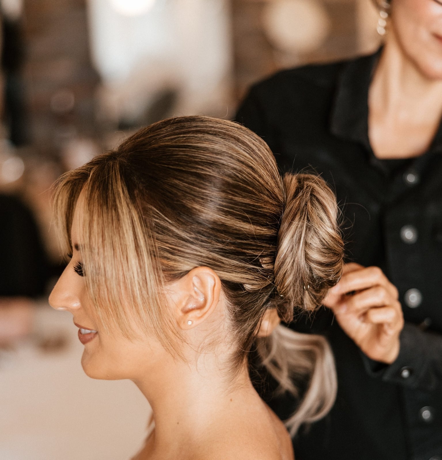 Messy Brown Updo With Curtain Bangs Messy Brown Updo With Curtain Bangs — Wedding Bun Ideas