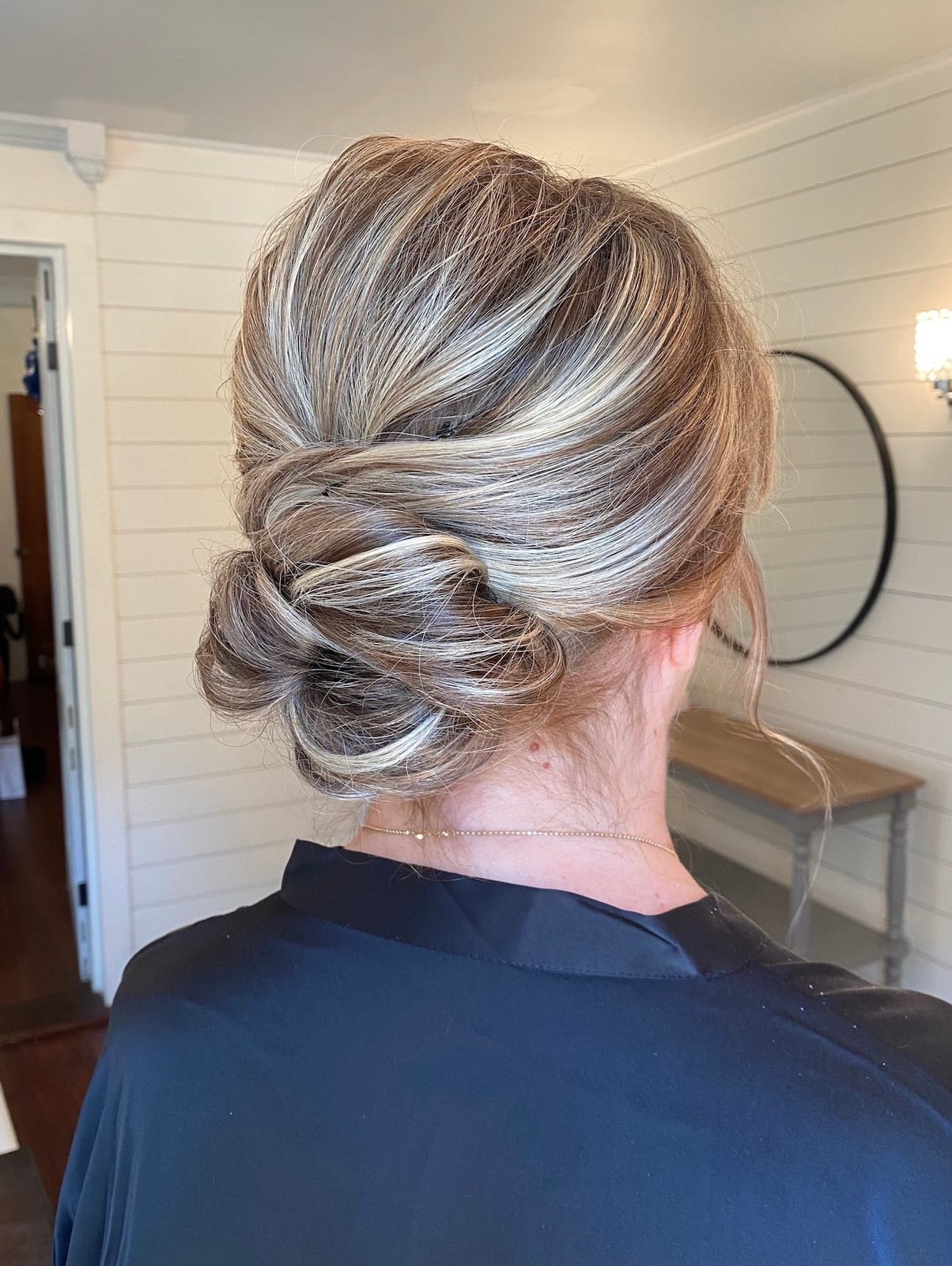 Blonde Balayage Twisted Low Bun Blonde Balayage Twisted Low Bun — Wedding Bun Ideas