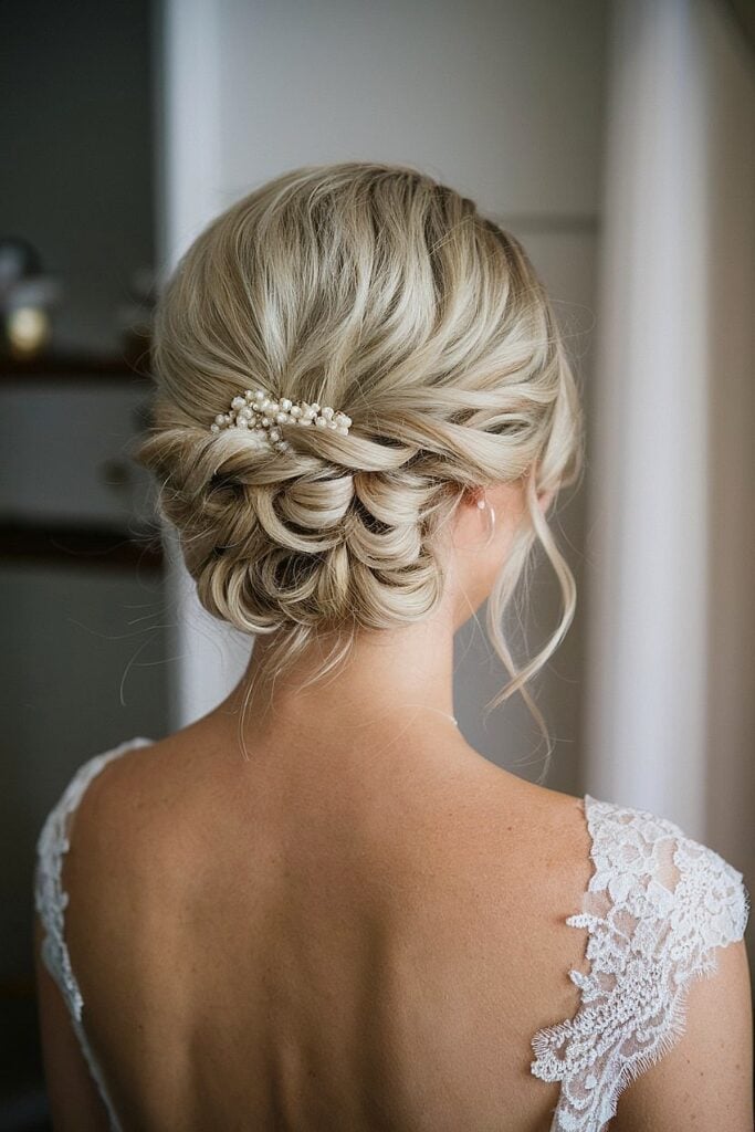 Platinum Blonde Braided Updo With Accessory Platinum Blonde Braided Updo With Accessory — Wedding Bun Ideas