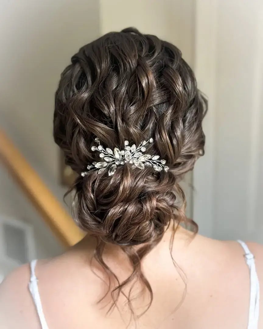 Curly Dark Brown Low Bun With Sparkle Curly Dark Brown Low Bun With Sparkle — Wedding Bun Ideas