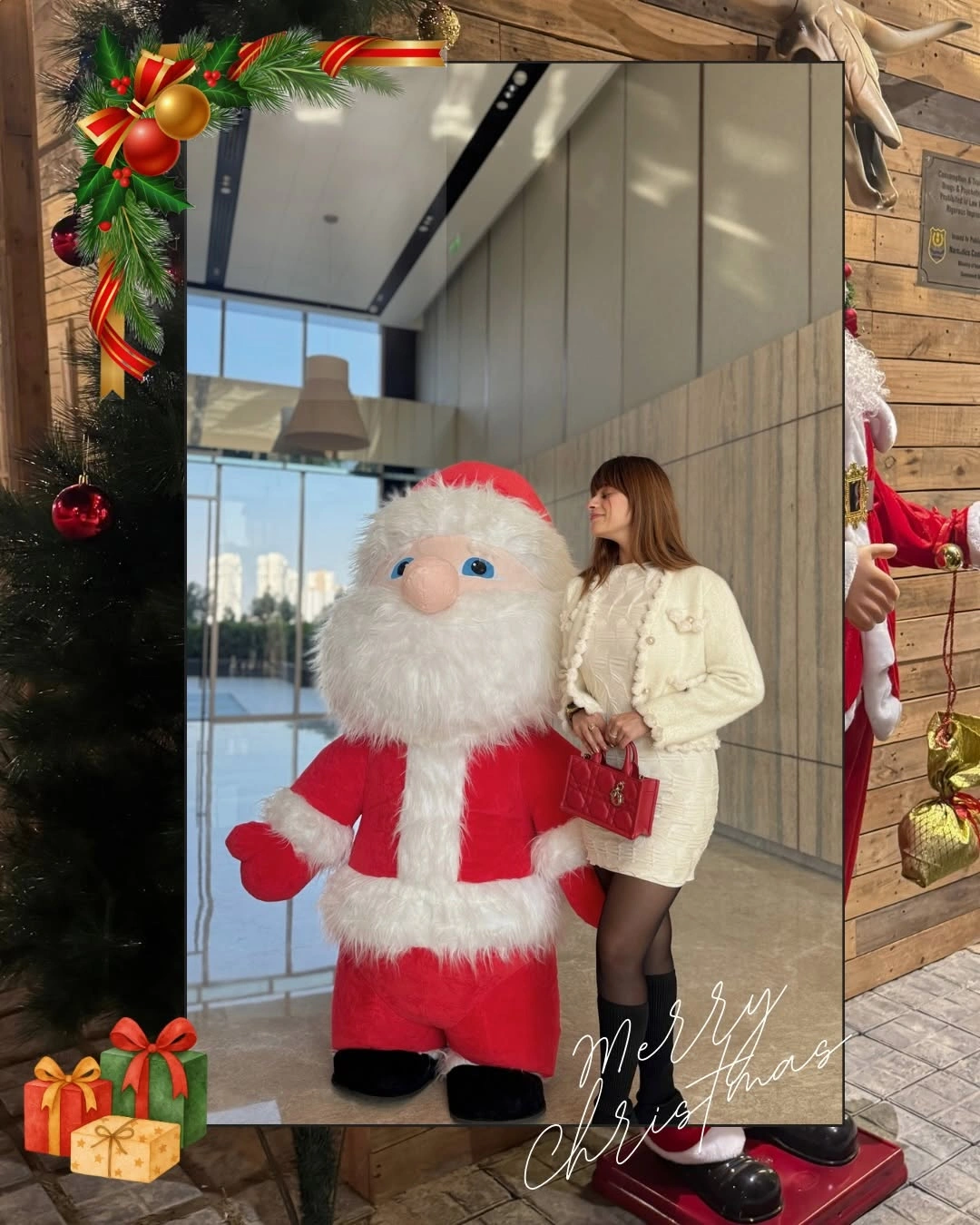 Cream cardigan and skirt with black tights, boots, and red bag