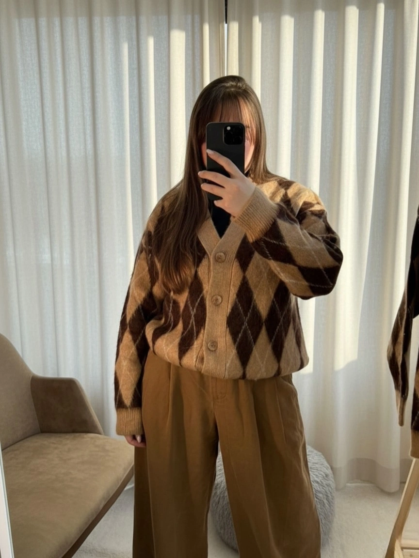 Brown argyle cardigan with pleated trousers and dark high-neck layer