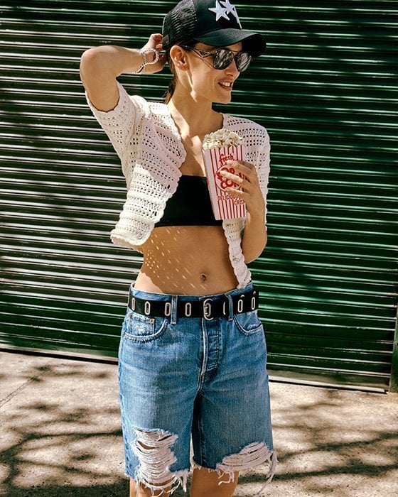 Crochet Cardigan Over Bandeau with Ripped Denim Shorts Crochet Cardigan Over Bandeau with Ripped Denim Shorts — Y2K Party Outfit Inspiration