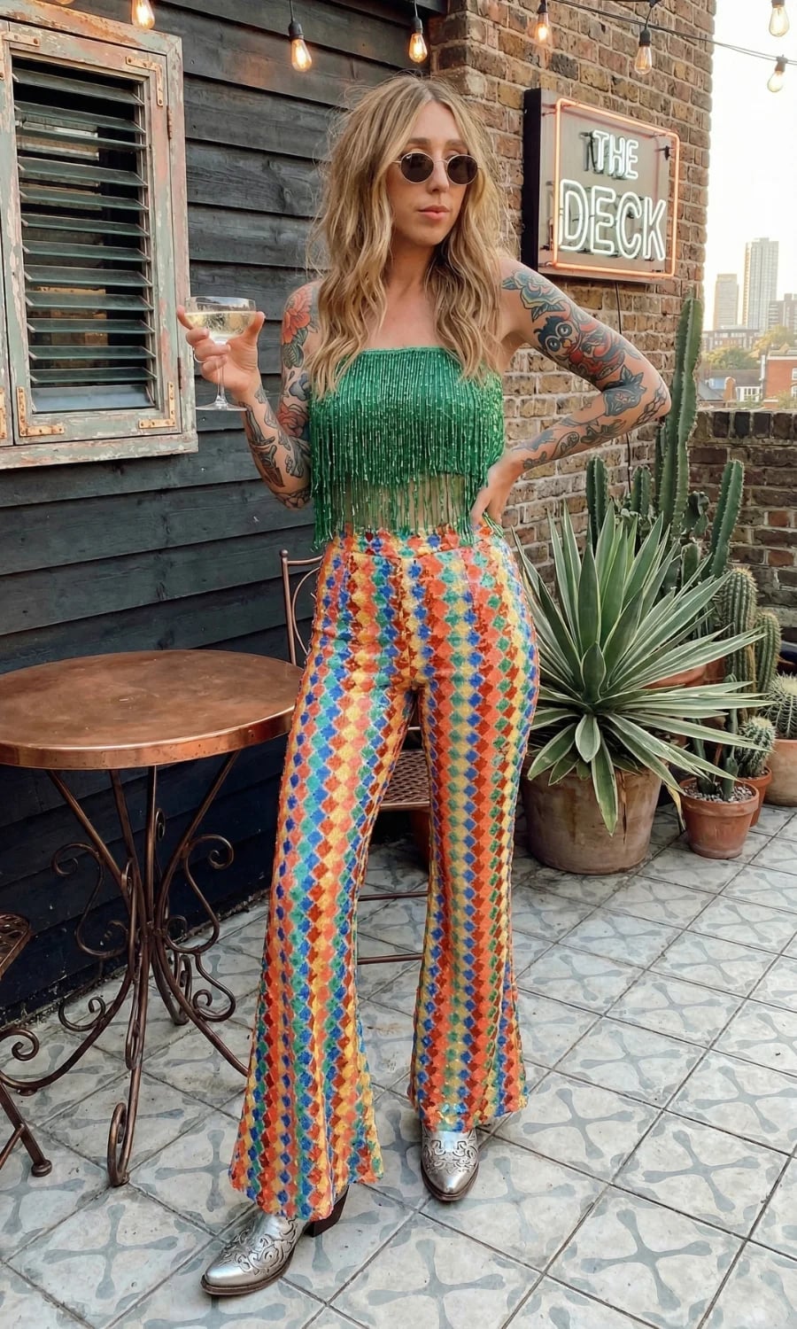 Green Sequin Fringe Tube Top with Rainbow Flare Pants Green Sequin Fringe Tube Top with Rainbow Flare Pants — Y2K Party Outfit Inspiration