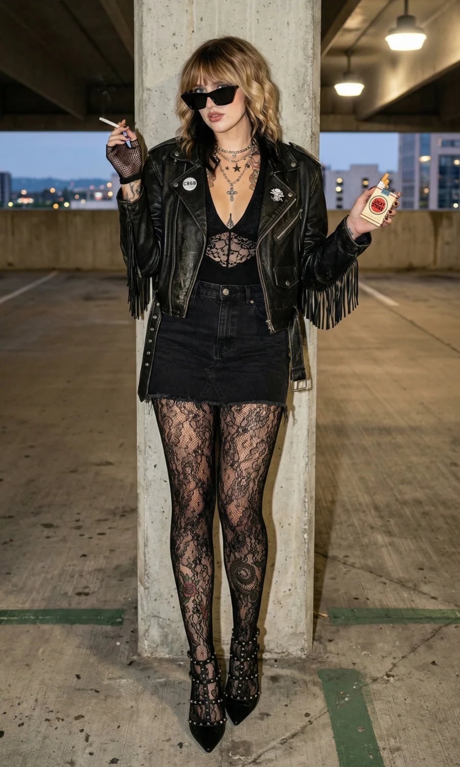 Fringe Leather Jacket Over Lace Bodysuit and Denim Mini Fringe Leather Jacket Over Lace Bodysuit and Denim Mini — Y2K Party Outfit Inspiration