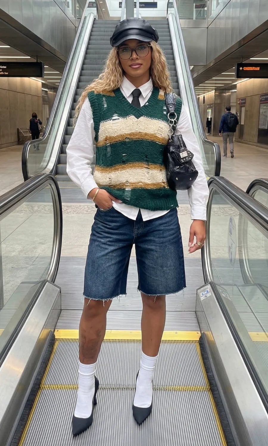 Striped Sweater Vest Over Button-Down with Denim Shorts Striped Sweater Vest Over Button-Down with Denim Shorts — Y2K Party Outfit Inspiration