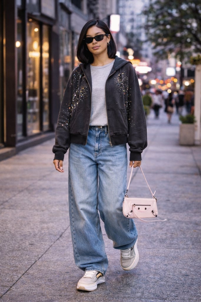 Embellished Zip-Up Hoodie with Wide-Leg Jeans Embellished Zip-Up Hoodie with Wide-Leg Jeans — Y2K Party Outfit Inspiration