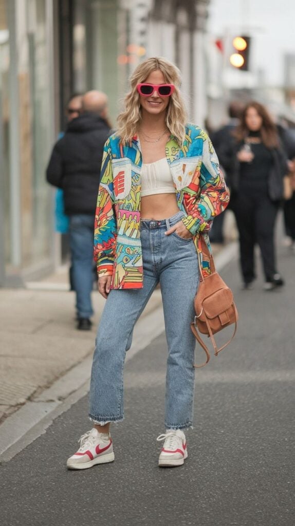 Graphic Print Shirt Over White Crop Top and Jeans Graphic Print Shirt Over White Crop Top and Jeans — Y2K Party Outfit Inspiration