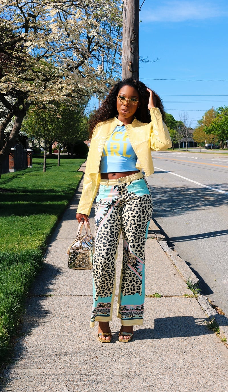 Yellow Satin Jacket with Leopard Print Pants Yellow Satin Jacket with Leopard Print Pants — Y2K Party Outfit Inspiration