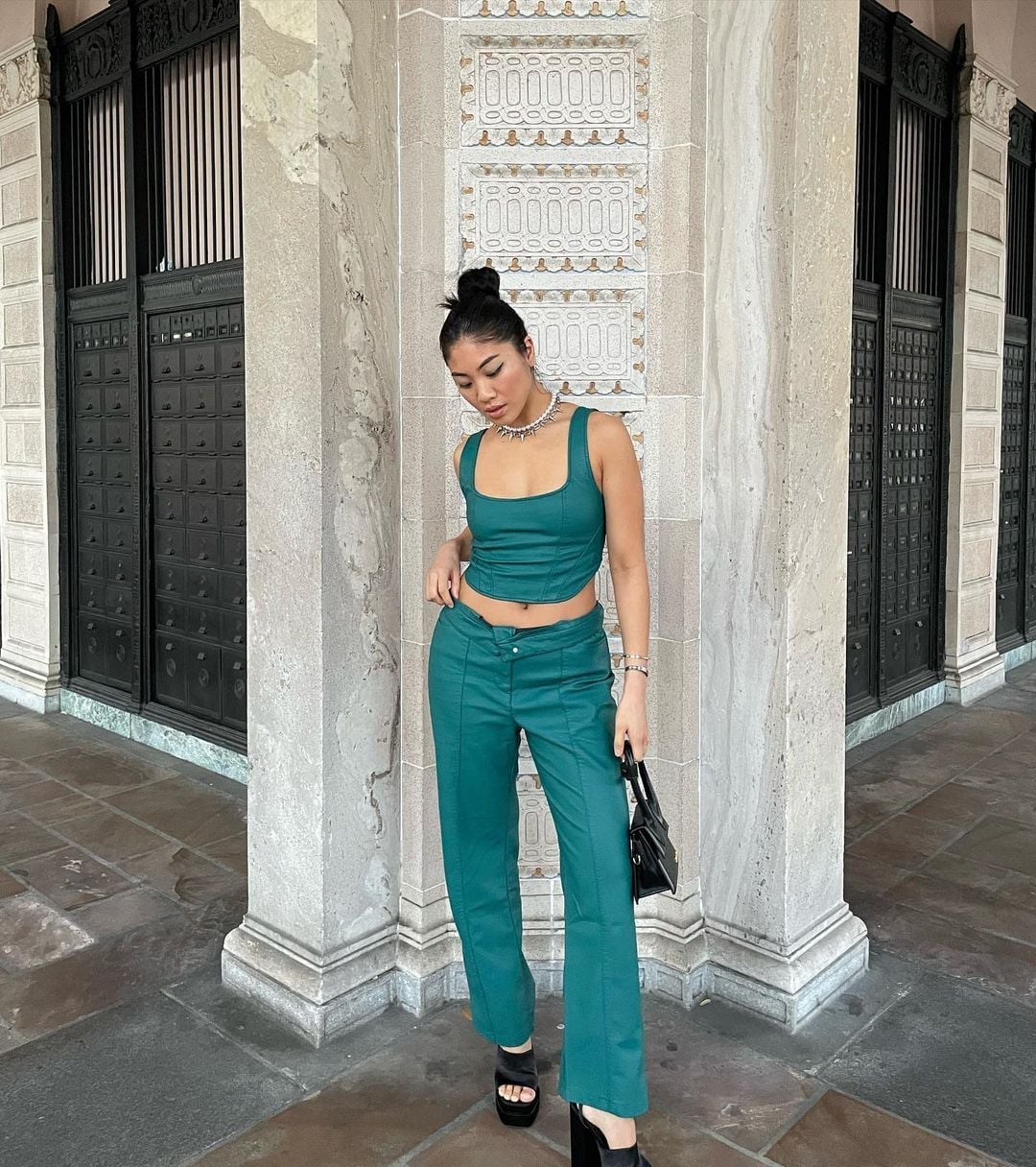 Green Satin Square Neck Crop Top Set Green Satin Square Neck Crop Top Set — Y2K Party Outfit Inspiration