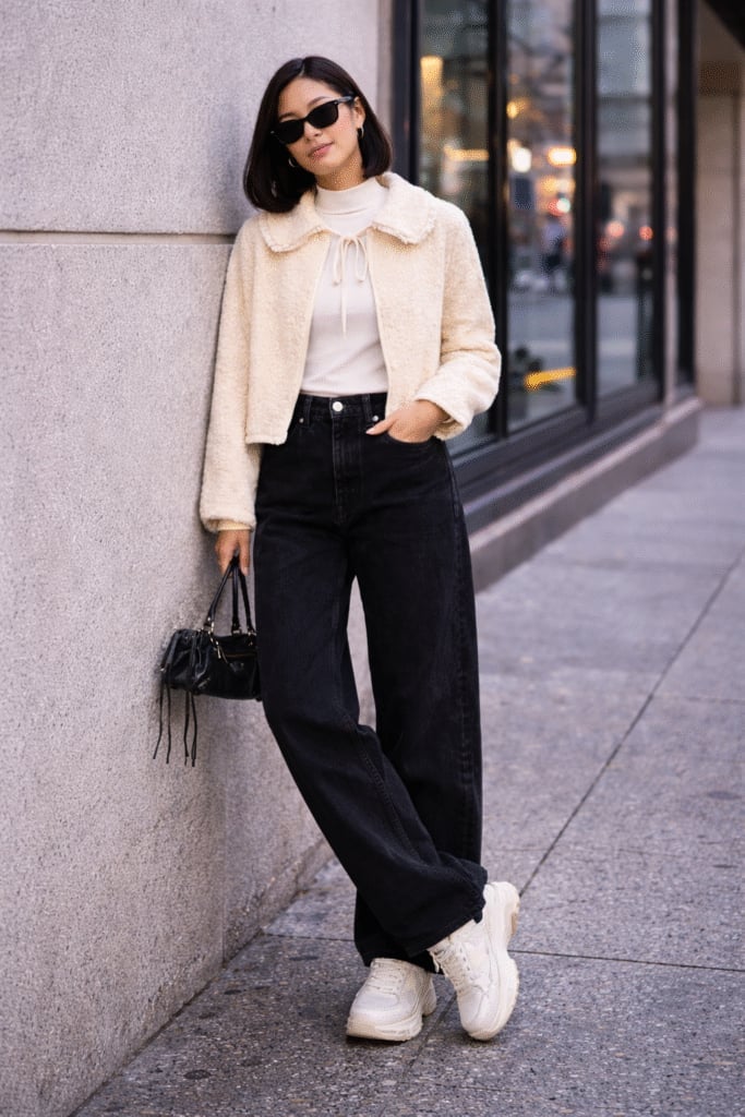 Cream Sherpa Jacket Over Mock Neck Top and Jeans Cream Sherpa Jacket Over Mock Neck Top and Jeans — Y2K Party Outfit Inspiration