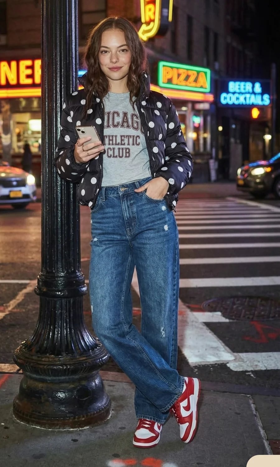 Polka Dot Puffer Jacket Over Graphic T-Shirt and Jeans Polka Dot Puffer Jacket Over Graphic T-Shirt and Jeans — Y2K Party Outfit Inspiration