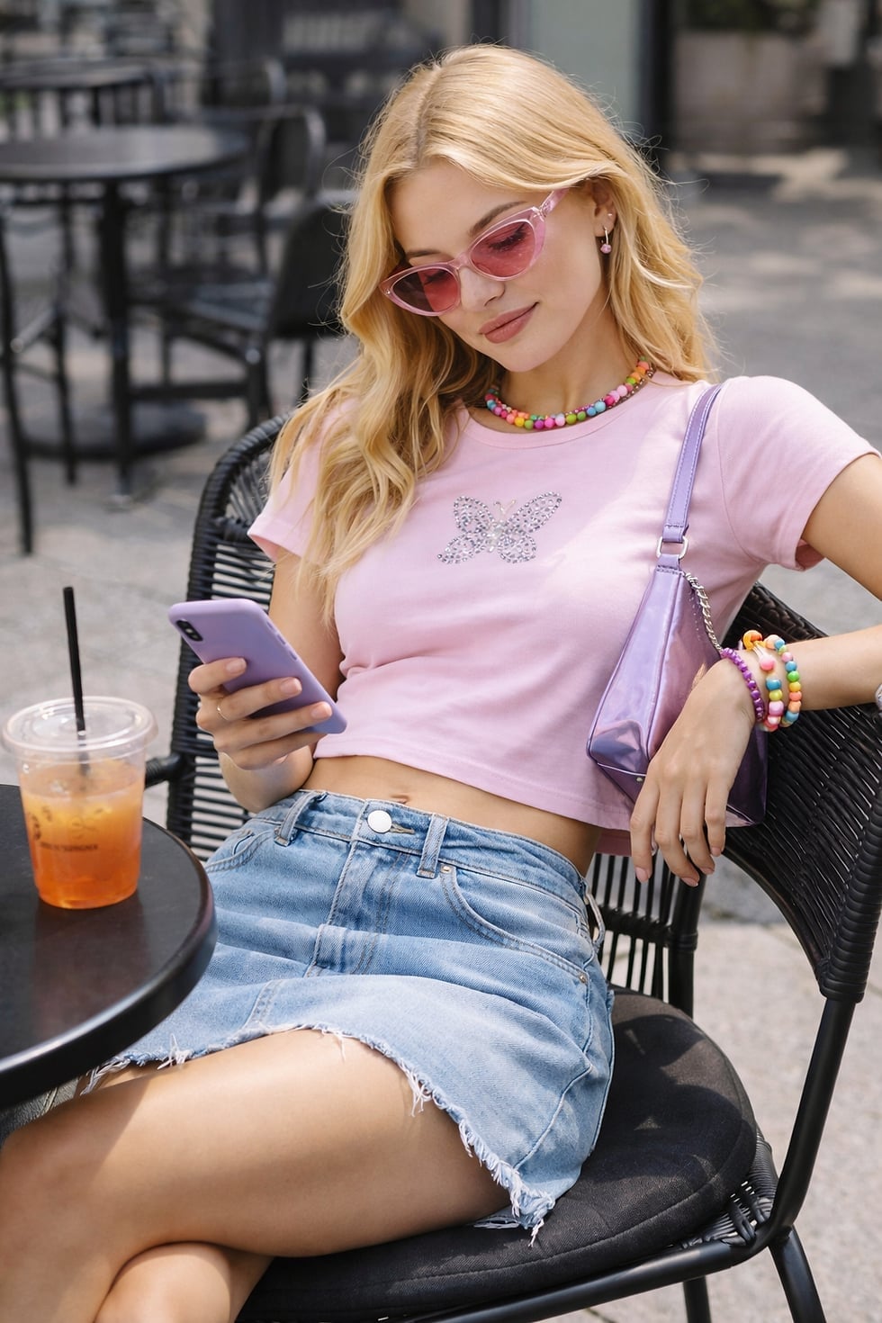 Pink Butterfly Crop Top and Frayed Denim Mini Skirt Pink Butterfly Crop Top and Frayed Denim Mini Skirt — Y2K Party Outfit Inspiration